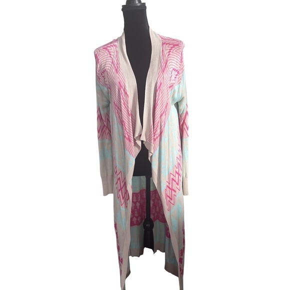 Myan Sweaters - Myan Womens L Long Boho Open Front Cardigan Duster Sweater Pastel Tribal Aztec